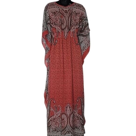 Flowy Bohemian-Style Red Paisley Printed Caftan Dress With Sheer Overlay & Loose - Picture 4 of 7